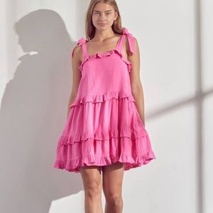 Pink tie shoulder ruffle dress